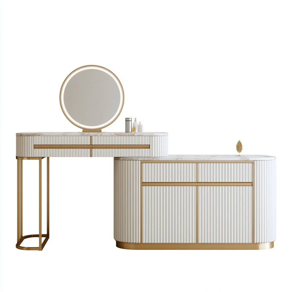 Coiffeuse avec siège aux lignes épurées, coloris doré et blanc
