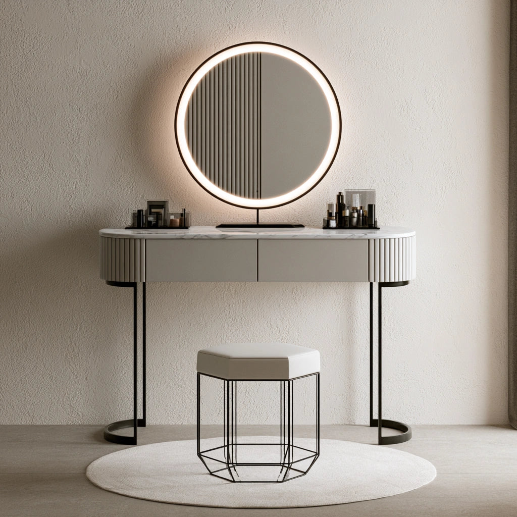 Coiffeuse avec siège aux lignes épurées, coloris gris et blanc