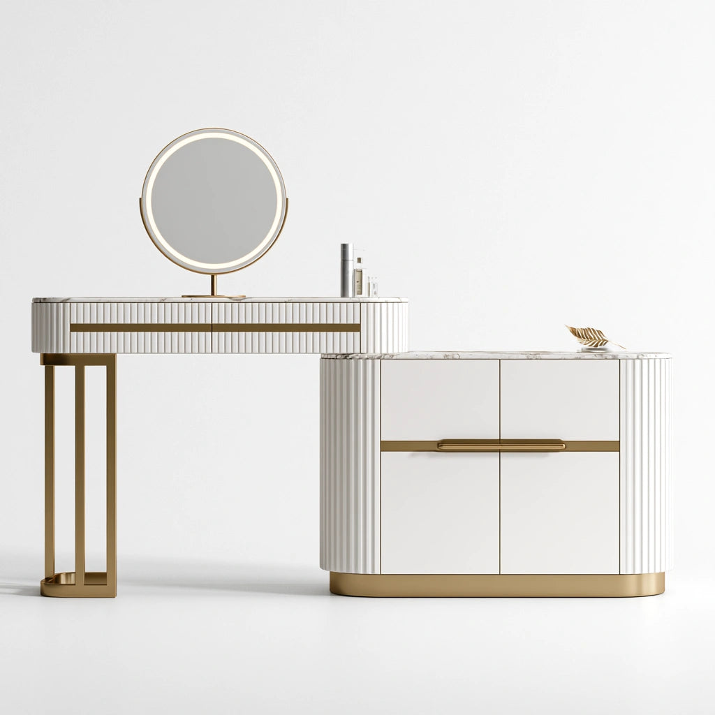 Coiffeuse avec siège aux lignes épurées, coloris doré et blanc